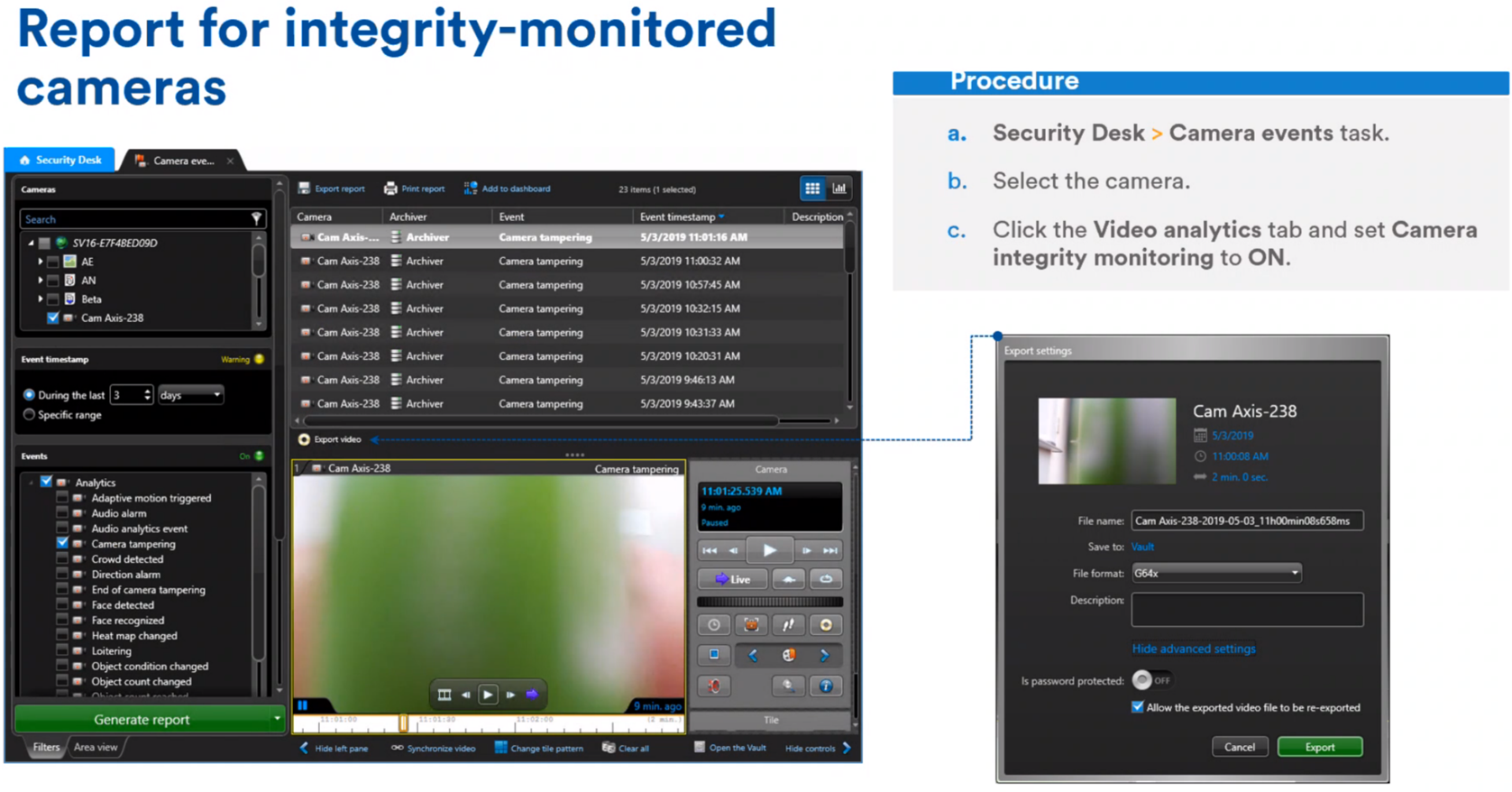 Report for integrity-monitored cameras. Image by Genetec.