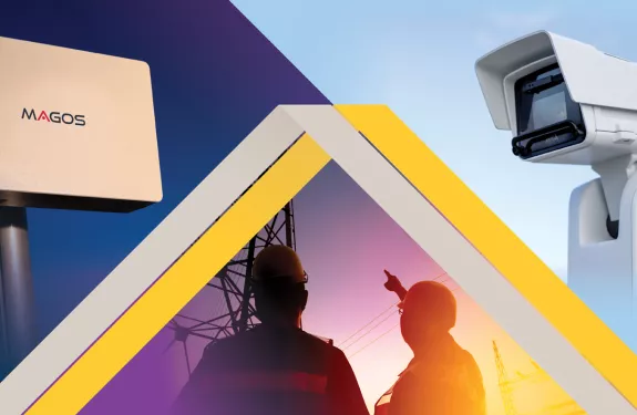 Image divided in thirds with Magos Systems on the left, two people examining powerlines in the center, and the AXIS Q1656-DLE Radar-Fusion camera on the right