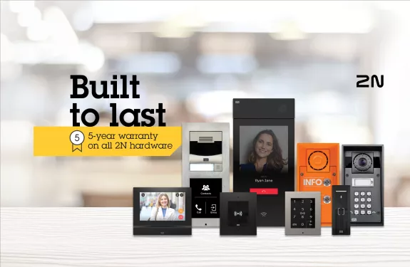 Several 2N products together with a banner reading Built to last announcing 2N's new 5-year warranty on all 2N hardware