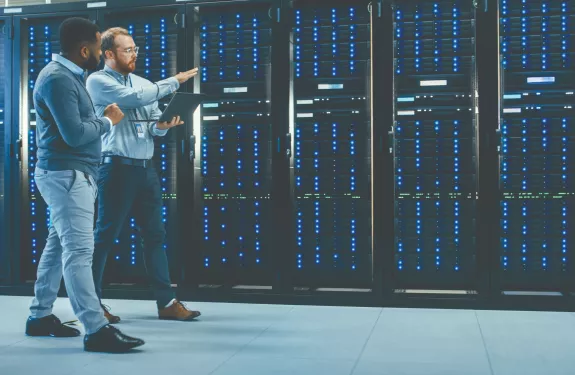 Walking past server racks