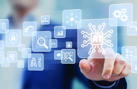 数据中心里的人工智能，手指指向虚拟技术图标