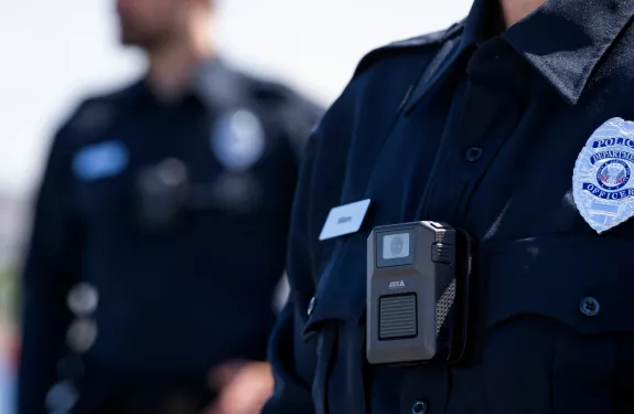 Body worn camera on the chest of a police officer