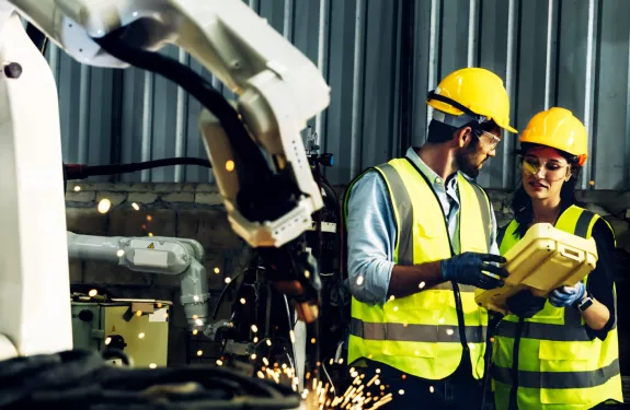 People discussing in industrial setting with robotic arm