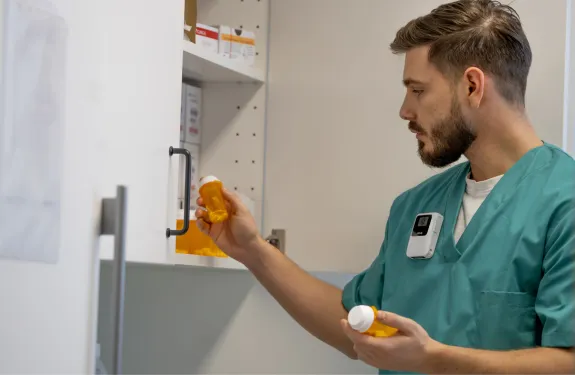 Healthcare worker wearing a body worn camera