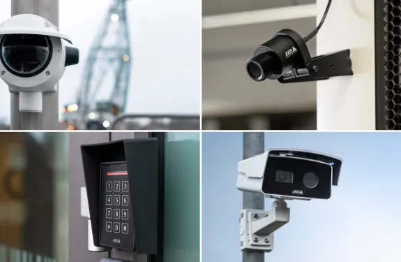 Four of the new products released at ISC West 2026: AXIS TP3604-E, AXIS F2180-TE, AXIS A4131-E, and AXIS Q2802-E