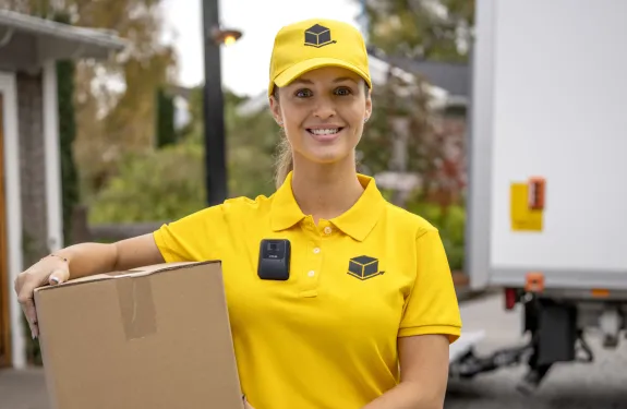 Women delivering a package wearing a body worn camera