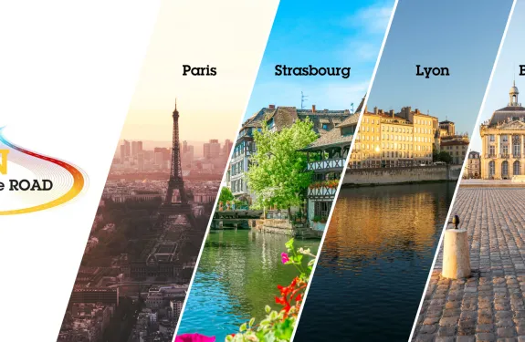 The 'OPEN on the ROAD' logo, followed by four diagonal panels displaying iconic views of French cities: the Eiffel Tower in Paris, half-timbered houses along the water in Strasbourg, the quays of Lyon with classic buildings, and the Place de la Bourse in Bordeaux. The word 'France' is visible in the bottom right corner.