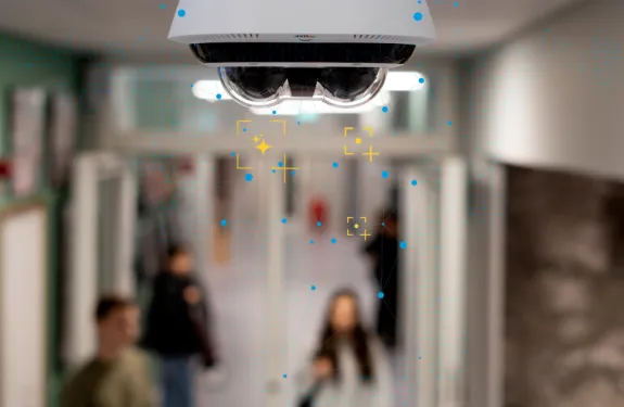 A camera surveys a school hallway