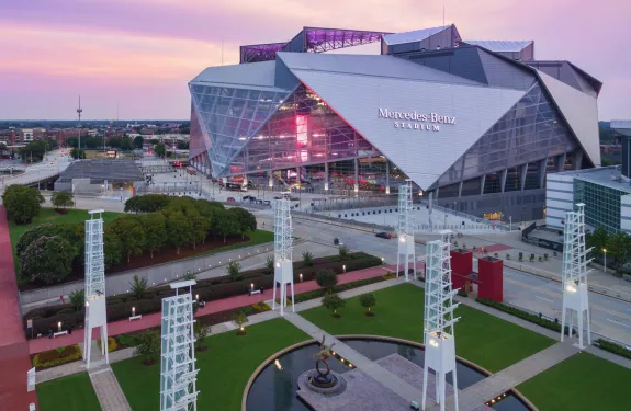 Mercedes-Benz Stadium in Atlanta at sunset 