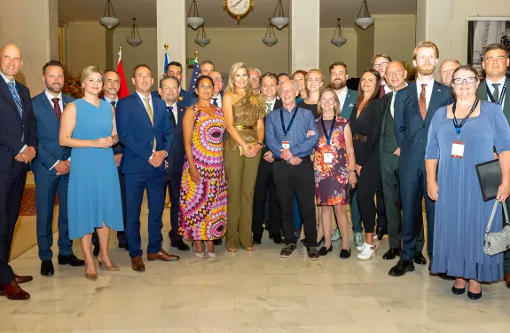 Queen Máxima of the Netherlands (Center) joins business leaders and government officials from the US and the Netherlands for the Dutch economic mission’s signing ceremony