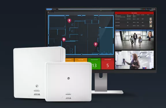 Featured from left to right, AXIS A1610 and A1210 Network Door Controllers Powered by Genetec and SynergisTM access control software display interface.