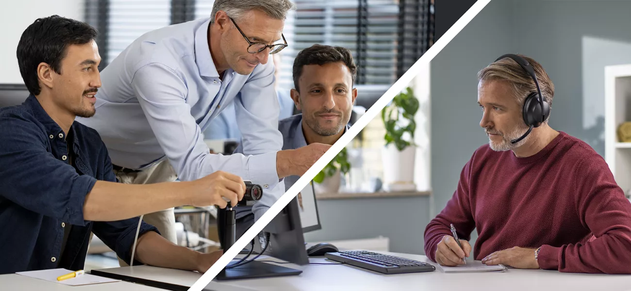 Split image featuring an in-person classroom with instructor and two students on the left and a student completing online course work on the right. 