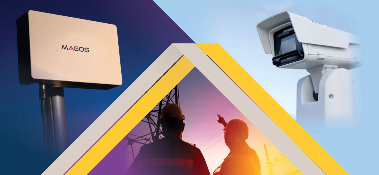 Image divided in thirds with Magos Systems on the left, two people examining powerlines in the center, and the AXIS Q1656-DLE Radar-Fusion camera on the right