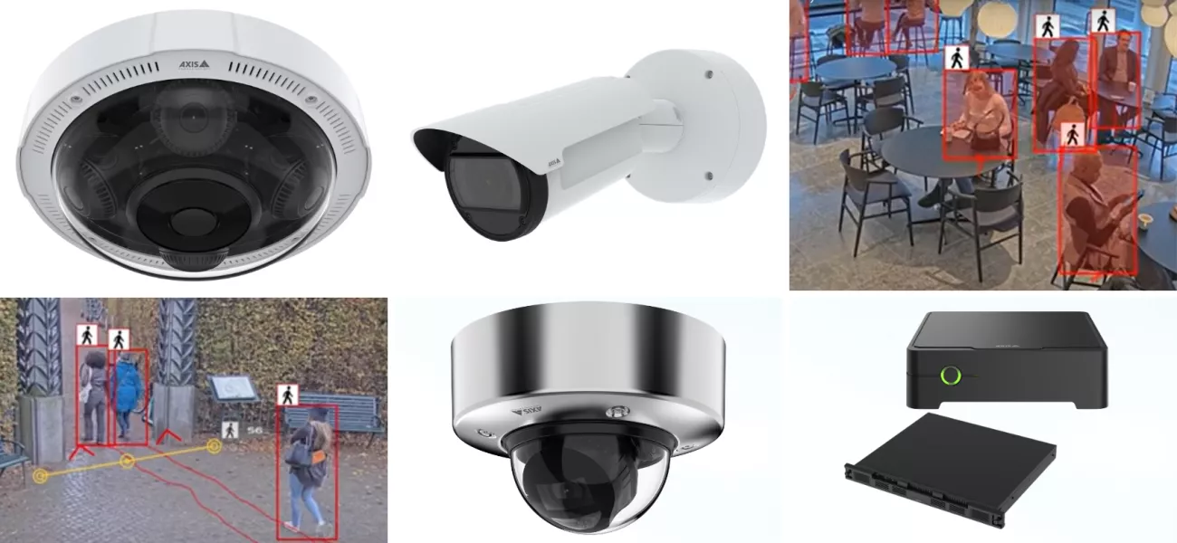 Axis launches new products and solutions at ISC East. From top left: AXIS P3735-PLE, AXIS Q1805-LE Bullet Camera, AXIS Object Analtytics Crossline counter, Axis Object Analytics Occupancy in area, AXIS P3268-SLVE, and AXIS 3008 Mk- II Recorder & AXIS 3016 Recorder  - 