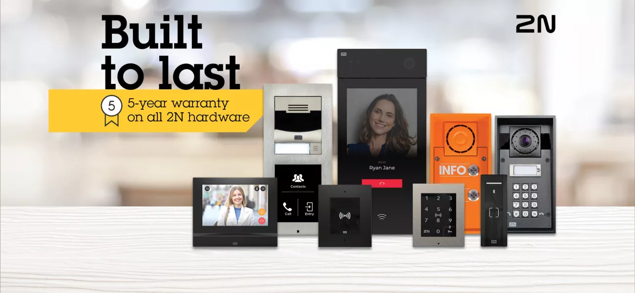 Several 2N products together with a banner reading Built to last announcing 2N's new 5-year warranty on all 2N hardware