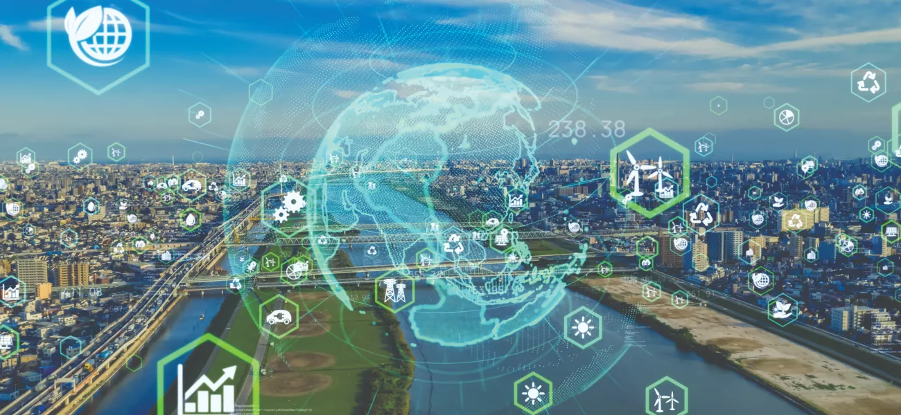 River canal AI globe tech symbols