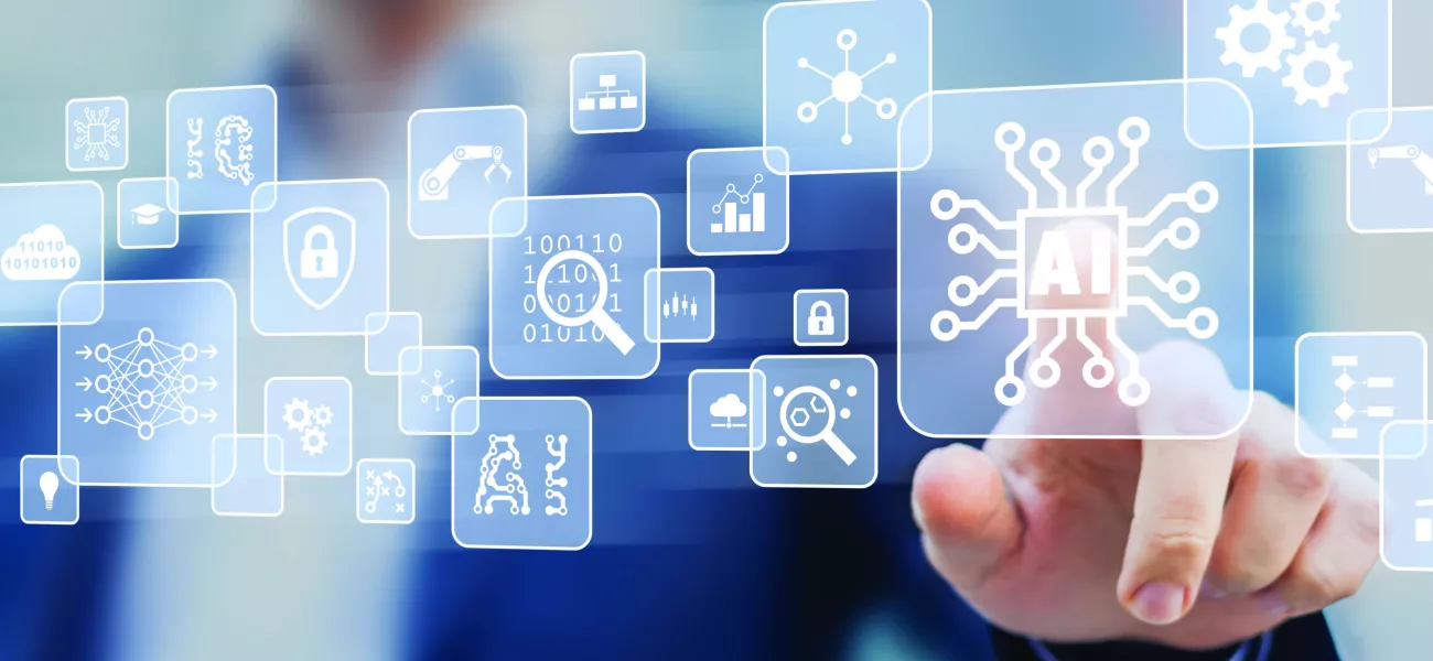 IA en centros de datos, un dedo apuntando a iconos de tecnología virtual