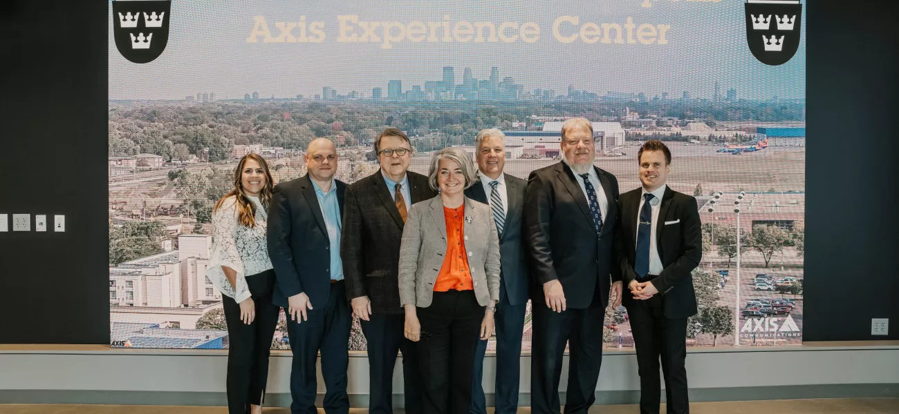 From l-r: Jessica Lundgren, Axis Communications; Justin Neese, Axis Communications; Bruce Karstadt, Honorary Consul, Honorary Consulate of Sweden, Minneapolis, MN;	Karin Olofsdotter, Ambassador of Sweden to the United States; Karl Radke, Axis Communications; David Lunderquist, Counselor and Head of Public Diplomacy, Press, Culture and Communication, Embassy of Sweden in Washington, D.C.; Filip Johansson, Axis Communications