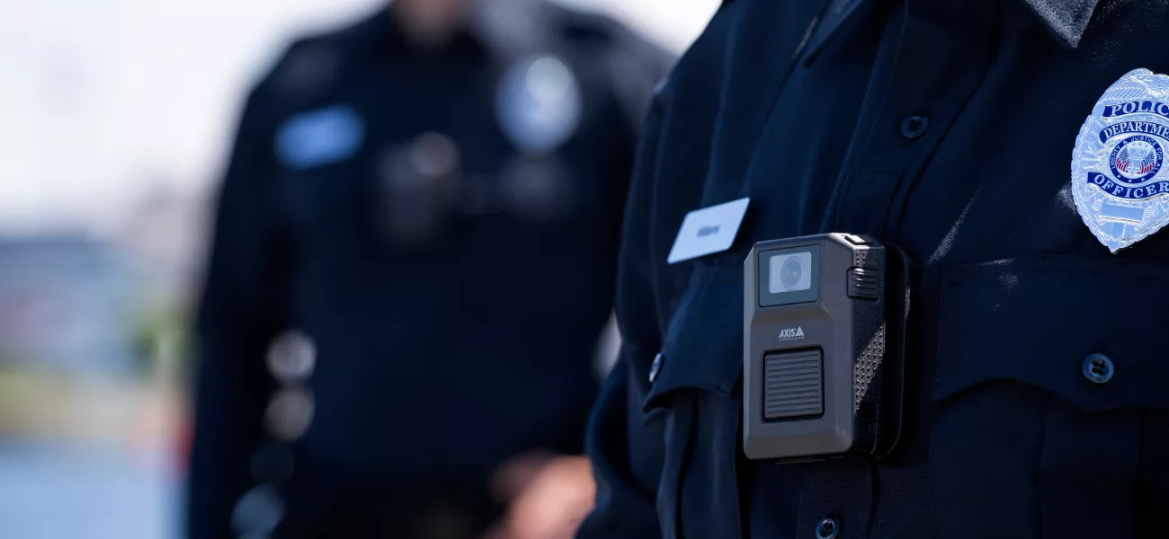 Body worn camera on the chest of a police officer