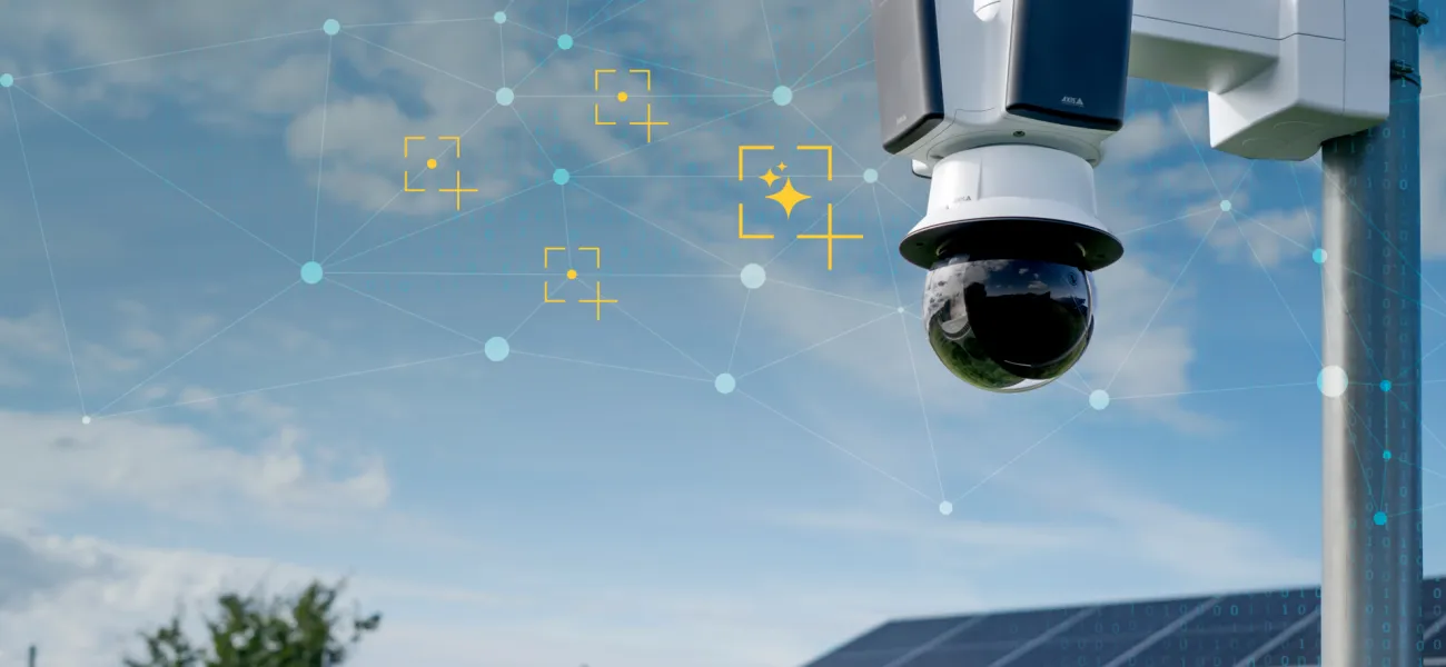 Pole with camera and radar mounted in solar plant environment