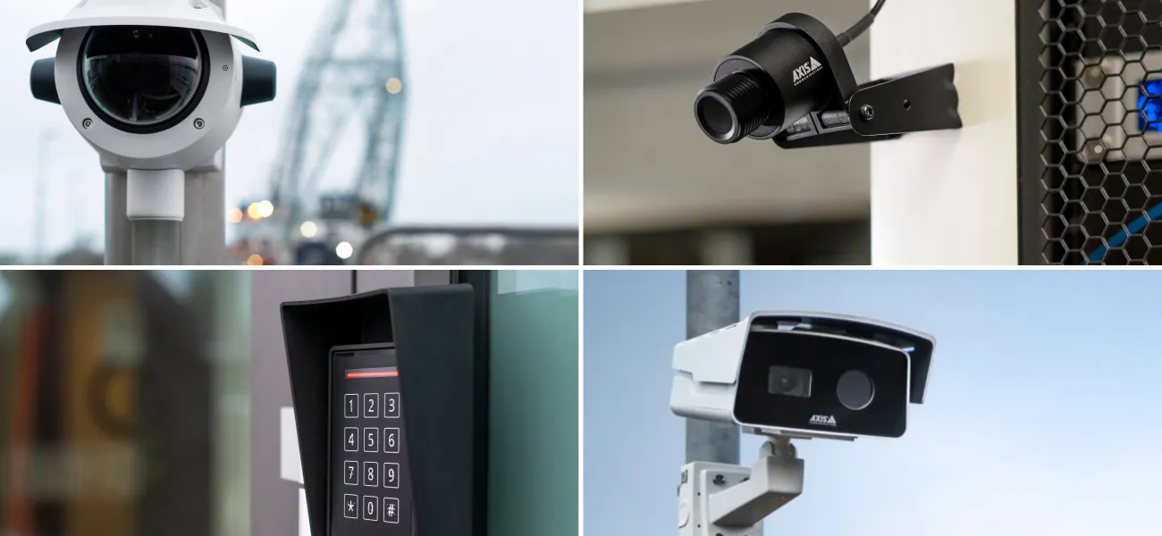 Four of the new products released at ISC West 2026: AXIS TP3604-E, AXIS F2180-TE, AXIS A4131-E, and AXIS Q2802-E