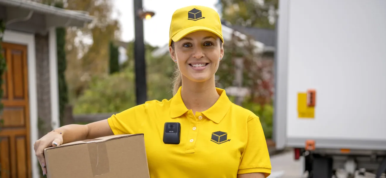 Women delivering a package wearing a body worn camera