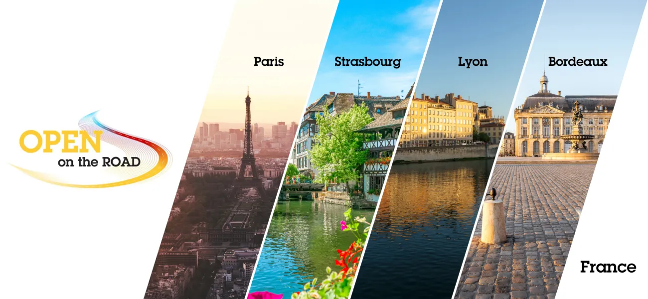 The 'OPEN on the ROAD' logo, followed by four diagonal panels displaying iconic views of French cities: the Eiffel Tower in Paris, half-timbered houses along the water in Strasbourg, the quays of Lyon with classic buildings, and the Place de la Bourse in Bordeaux. The word 'France' is visible in the bottom right corner.