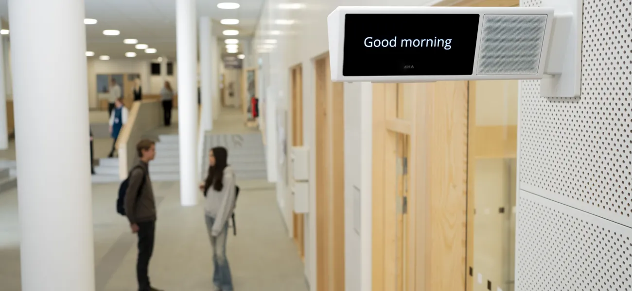 Network display speaker in school corridor