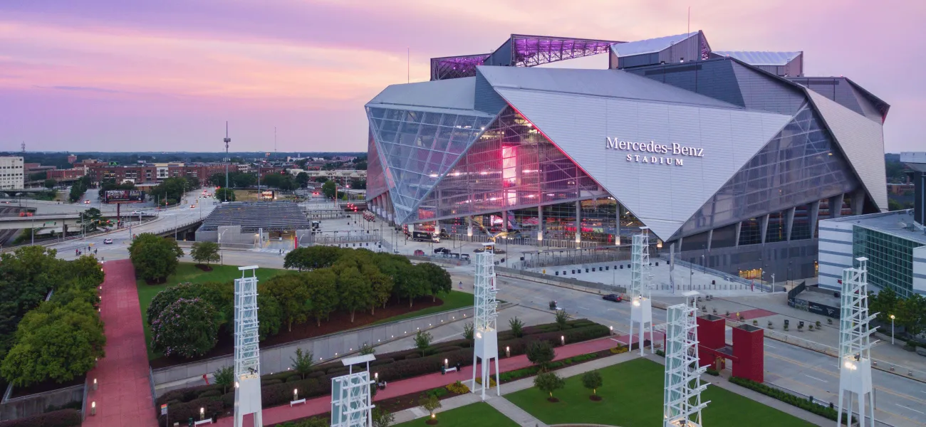 Mercedes-Benz Stadium in Atlanta at sunset 