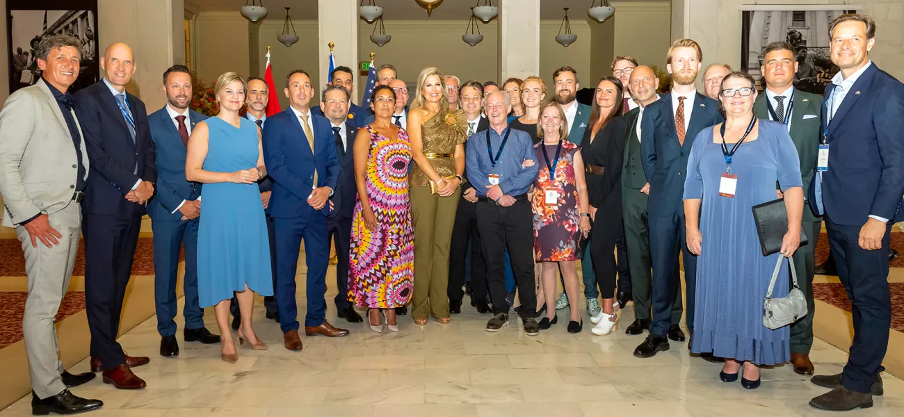 Queen Máxima of the Netherlands (Center) joins business leaders and government officials from the US and the Netherlands for the Dutch economic mission’s signing ceremony