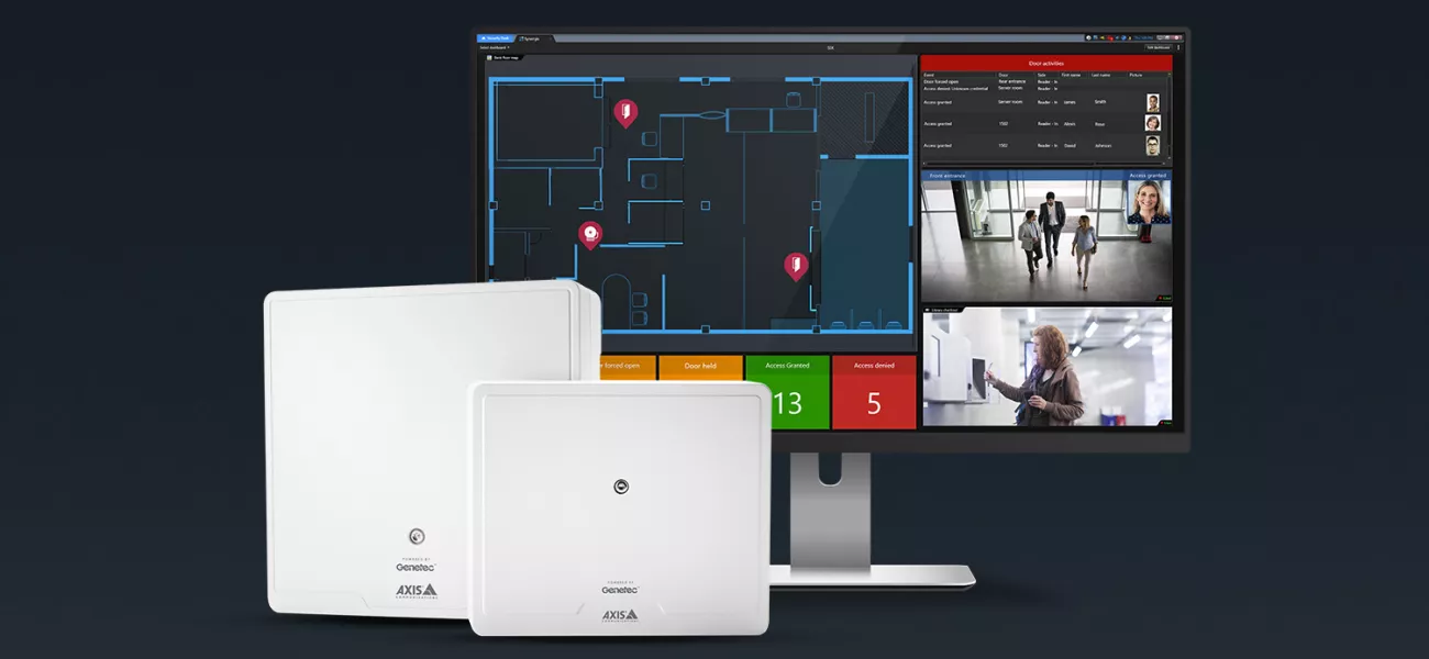 Featured from left to right, AXIS A1610 and A1210 Network Door Controllers Powered by Genetec and SynergisTM access control software display interface.