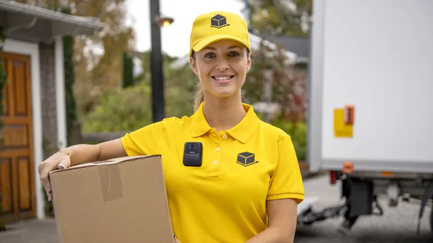 Body worn camera used by a woman delivering a package