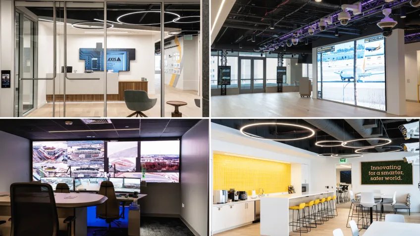 Axis opens a new AEC in Detroit, MI. The four images show different areas of the office including the entry, Security Operation Center (SOC), and cafe. 
