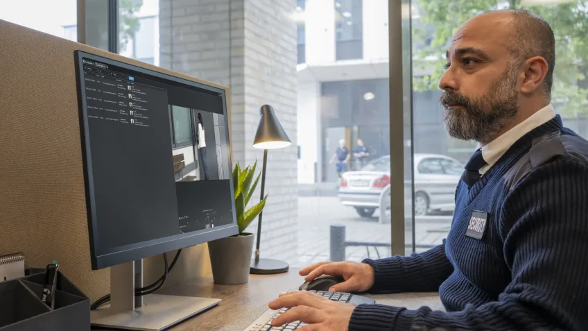 A security guard watching a computer screen where he can authorize access