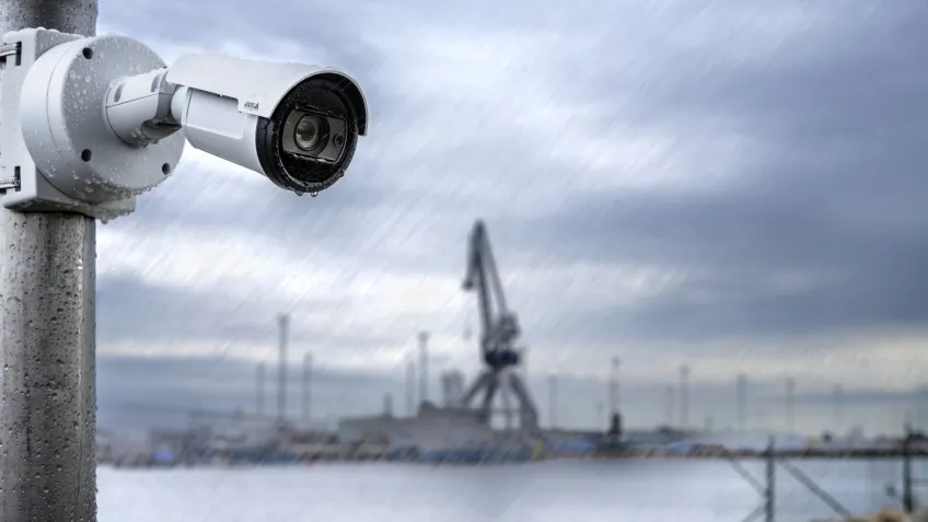 A surveillance camera in heavy rain