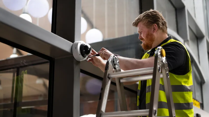 Man performing security camera maintenance