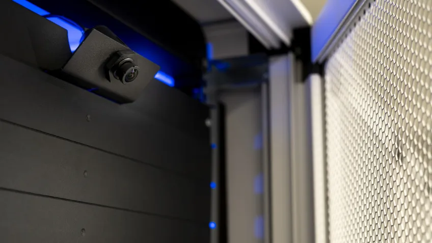 Network camera mounted on a server rack in a data center