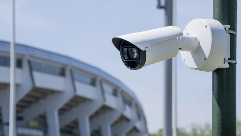 A network camera mounted by a stadium that uses an SD card as storage solution