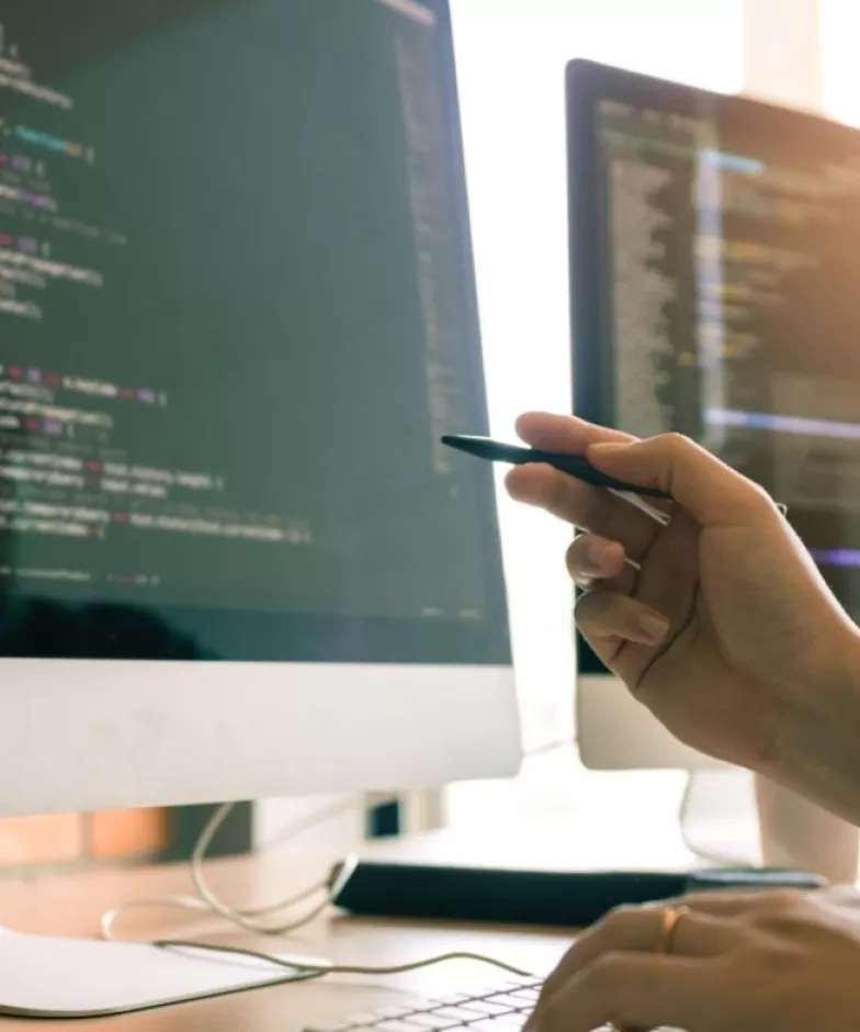 Person showing something on a display screen